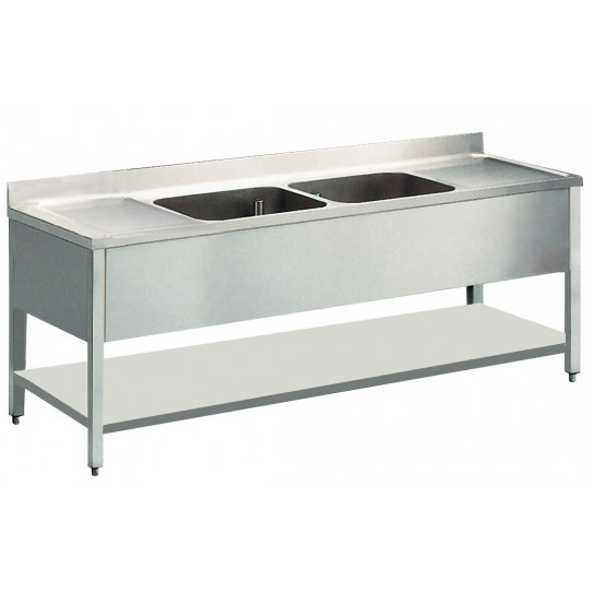 Plonge inox 2 bacs et 2 égouttoirs 2600x700x950 acier inox 18/10 AISI 441 - Bertrand Manufacturer PL/2626-P1