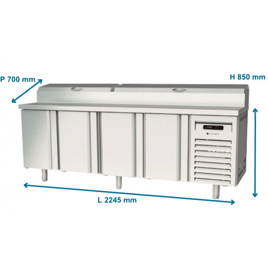 Dimensions table réfrigérée L2245 de préparation sushi 700, 4 portes, pour 13 bacs GN1/6  - MFEI70-225-1/6 - CORECO CODIGEL