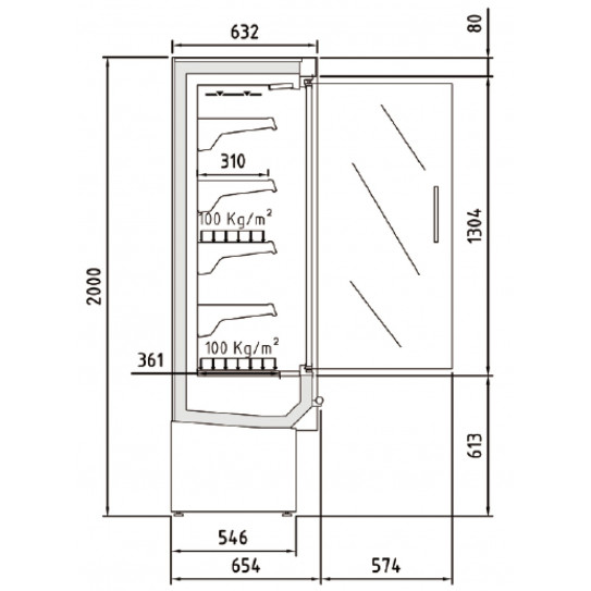 Schéma dimensions Vitrine réfrigérée murale 162 cm 2 portes vitrées battantes DG0-15-M1-LC CEDAR CODIGEL - docriluc DGO-15-M1-LC