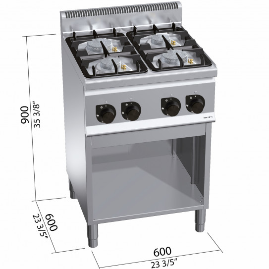 Dimensions Fourneau gaz 4 feux 2x6kW + 2x3,5kW - 60x60x90cm PLUS 600 G6F4MPW BERTO'S 21602600