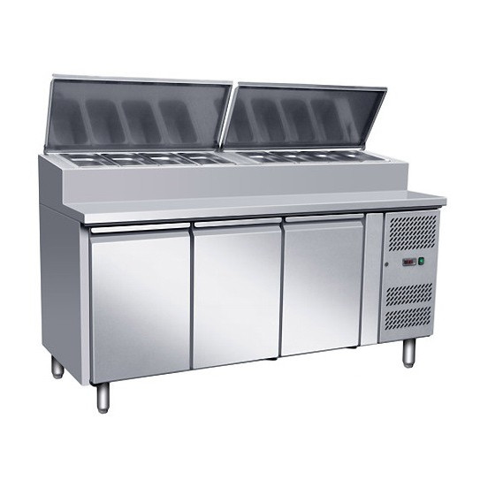 Table préparation sandwich pizza 2020, profondeur 800 - 3 portes - 10 emplacements GN1/3