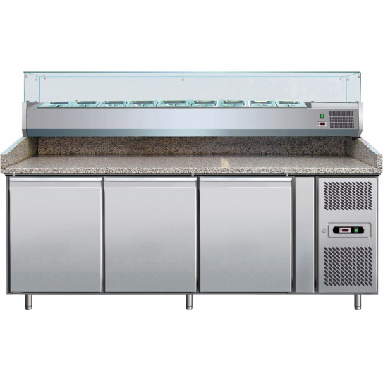 Meuble Pizza Chef préparation pizza 3 portes dessus comptoir granit + Vitrine ingrédients réfrigérée Meuble Pizza Chef préparation pizza 3 portes dessus comptoir granit + Vitrine ingrédients réfrigérée