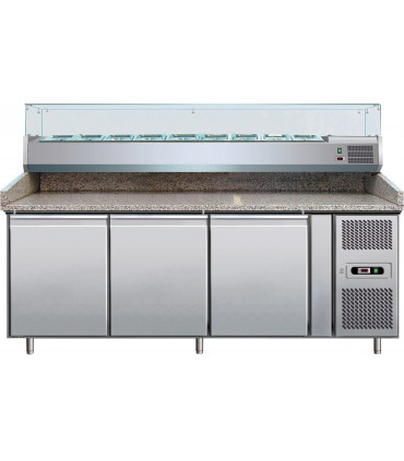 Meuble Pizza Chef préparation pizza 3 portes dessus comptoir granit + Vitrine ingrédients réfrigérée Meuble Pizza Chef préparation pizza 3 portes dessus comptoir granit + Vitrine ingrédients réfrigérée
